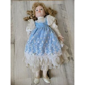 Vintage Fine horse‎ blonde hair blue school girl porcelain doll collectible